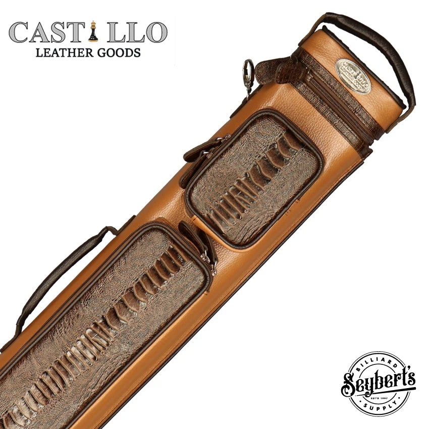 Castillo Honey Brown Leather With Chocolate Brown Ostrich Leg Accent 2x4 Hard Leather Pool Cue Case - CLG24HBRCBOS 1 Castillo Honey Brown Leather With Chocolate Brown Ostrich Leg Accent 2x4 Hard Leather Pool Cue Case - CLG24HBRCBOS