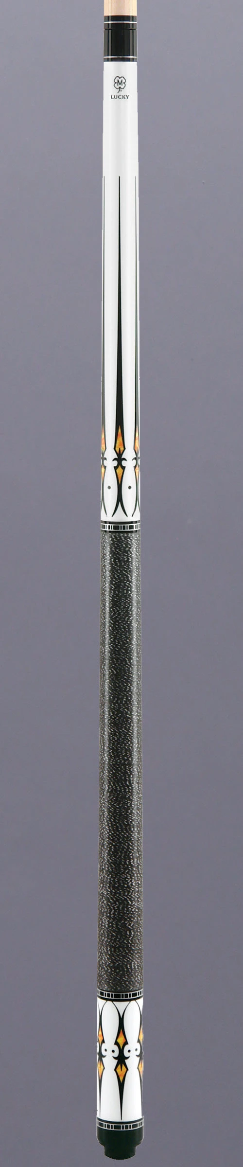 Lucky White With Black And Orange Points Graphic Pool Cue With Linen Wrap - L40 2 Lucky White With Black And Orange Points Graphic Pool Cue With Linen Wrap - L40 - Image 2
