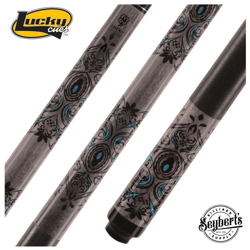 Lucky Gray Maple With Black/Turquoise Graphic Pool Cue With Linen Wrap - L51 1 Lucky Gray Maple With Black/Turquoise Graphic Pool Cue With Linen Wrap - L51