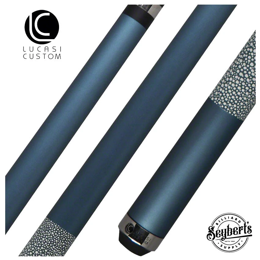 Lucasi Zero Flexpoint Matte Metallic Cobalt Blue With White And Blue Stingray Embossed Leather Pool Cue - LZC8 1 Lucasi Zero Flexpoint Matte Metallic Cobalt Blue With White And Blue Stingray Embossed Leather Pool Cue - LZC8